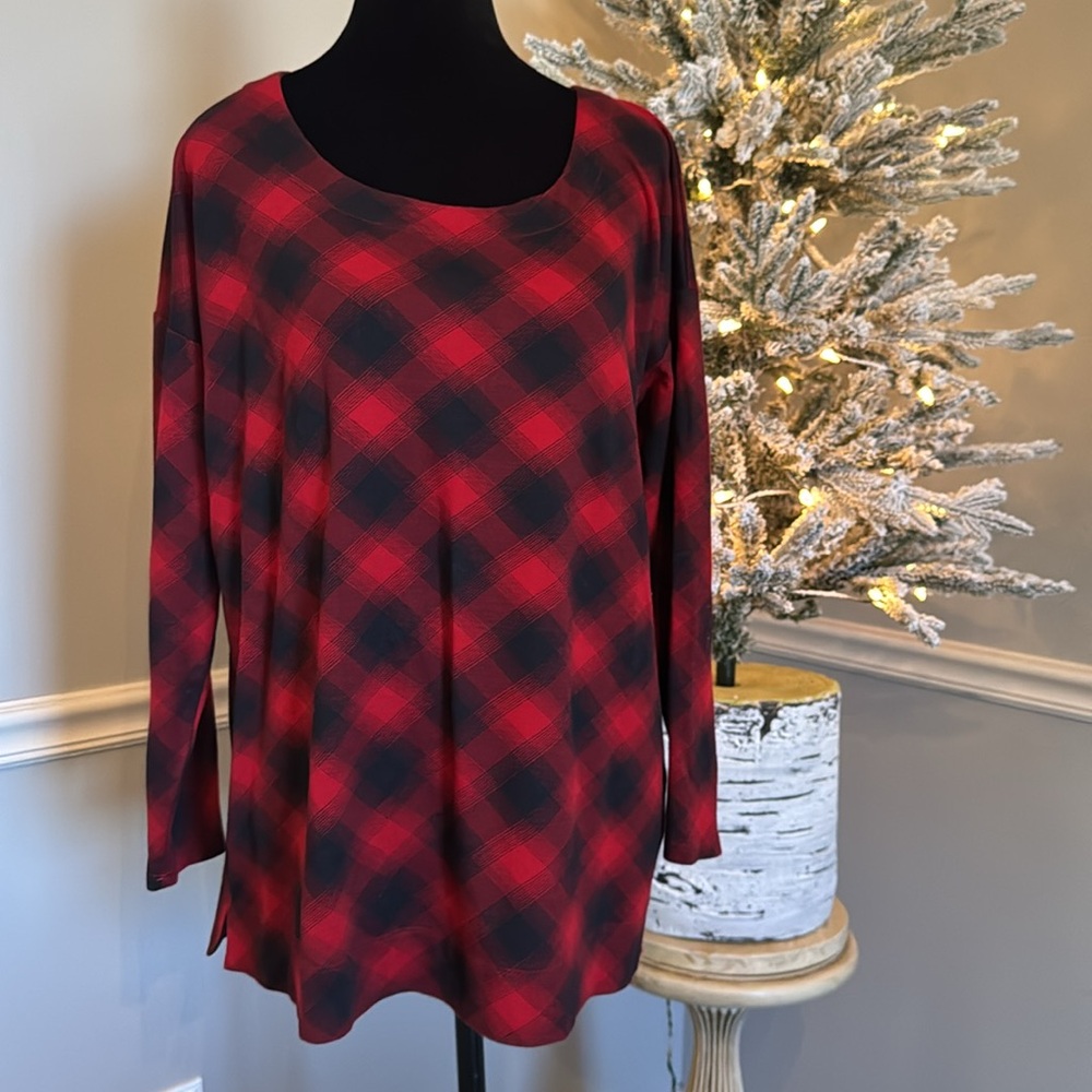 J.Jill Red/Black Buffalo Plaid Long Sleeve T-Shirt Size MP Supima Cotton